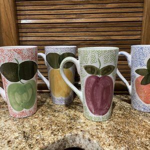 Set of 4 Gabbay Pottery Tall Coffee-Teacups/ Mugs Fruit 6 1/8” Tall UNIQUE